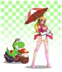  blonde_hair blue_eyes boots breasts checkered checkered_background cleavage cleavage_cutout crown earrings elbow_gloves gloves goggles headset high_heels jewelry kara_(color) large_breasts leotard long_hair mario mario_kart motor_vehicle motorcycle nintendo objectification pink_legwear princess_peach race_queen racequeen revision shadow shoes smile standing super_mario_bros. thigh-highs thigh_boots thighhighs umbrella vehicle yoshi 