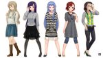  adjusting_glasses adjusting_hair aoba_tsugumi bad_id belt blue_hair blush boots braid brown_hair casual closed_eyes glasses hairband high_heels highres jeans kannagi kimura_takako lineup long_hair nagi nagian ookouchi_shino pantyhose purple_hair red_eyes red_hair redhead shoes short_hair skirt twin_braids zange 