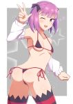  1girl ass bikini blush breasts detached_sleeves fate/grand_order fate_(series) hat helena_blavatsky_(fate/grand_order) highres looking_at_viewer micro_bikini one_eye_closed open_mouth purple_hair short_hair small_breasts smile solo star sukeberosu swimsuit thigh-highs violet_eyes 