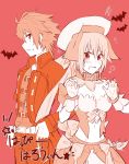  1boy 1girl ahoge alternate_costume bangs belt beret blush breasts collared_shirt crying crying_with_eyes_open dress embarrassed eyebrows_visible_through_hair fang fate/apocrypha fate/grand_order fate_(series) halloween halloween_costume hat highres jacket looking_at_viewer nervous nervous_smile nyorotono open_mouth orange_background orange_eyes orange_hair orange_pants orange_shirt ruler_(fate/apocrypha) scared shirt short_hair sieg_(fate/apocrypha) simple_background sleeves_past_wrists strapless strapless_dress tears 