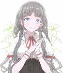  1girl black_legwear blue_eyes flower highres jugatukumao long_hair looking_at_viewer low_twintails neck_ribbon original red_ribbon ribbon short_sleeves smile solo twintails upper_body white_background 
