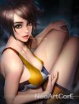  1girl bare_shoulders breasts brown_eyes brown_hair eyebrows freckles light_smile lips looking_at_viewer medium_breasts nudtawut_thongmai overwatch short_hair short_shorts shorts signature sitting solo sweat thighs tracer_(overwatch) 