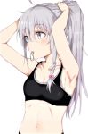  1girl armpits arms_up bow braid collarbone grey_eyes grey_hair hair_between_eyes hair_bow hair_tie highres hoshi_shouko idolmaster idolmaster_cinderella_girls long_hair looking_to_the_side midriff mouth_hold navel single_braid solo sports_bra teeth tying_hair upper_body vivid_(key) white_background 