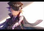  1boy adjusting_clothes adjusting_gloves aiguillette alternate_costume black_hair blonde_hair gloves hat jacket_on_shoulders letterboxed male_focus necktie peaked_cap red_eyes red_neckwear siaoyu smile solo spiky_hair uniform white_gloves yami_yuugi yu-gi-oh! 