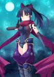  1girl black_hair bow breasts cross_(crossryou) elbow_gloves fate/grand_order fate_(series) full_moon gloves hair_bow katou_danzou_(fate/grand_order) leotard long_hair looking_at_viewer medium_breasts moon ponytail red_scarf robot_joints scarf solo yellow_eyes 