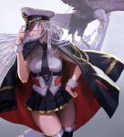  1girl azur_lane bald_eagle bird black_jacket black_legwear black_neckwear black_skirt blue_eyes breasts collared_shirt cowboy_shot eagle enterprise_(azur_lane) hat highres jacket jacket_on_shoulders large_breasts long_hair looking_at_viewer miniskirt moruga necktie peaked_cap pleated_skirt shirt skirt sleeveless sleeveless_shirt smile solo thigh-highs very_long_hair white_hair 