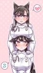  2girls animal_ears atago_(azur_lane) azur_lane bangs black_hair blush bow breast_rest breasts breasts_on_head brown_eyes dog_ears hair_bow hair_ears hair_flaps heart large_breasts long_hair mabo-udon military military_uniform mole mole_under_eye multiple_girls open_mouth smile spoken_heart spoken_sweatdrop sweatdrop takao_(azur_lane) uniform very_long_hair 