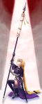  1girl absurdres armor armored_boots armored_dress blonde_hair blue_eyes boots bow braid breasts chains fate/grand_order fate_(series) faulds flag flagpole gauntlets hair_bow headpiece highres kneeling kumo955 large_breasts long_hair looking_up polearm ruler_(fate/apocrypha) scabbard sheath sheathed single_braid solo spear sword thigh-highs very_long_hair weapon 