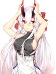  1girl arms_up bangs blush bow breasts closed_mouth fate/grand_order fate_(series) hair_between_eyes hair_bow highres horns japanese_clothes large_breasts long_hair looking_at_viewer oni_horns red_bow red_eyes sideboob sidelocks silver_(chenwen) silver_hair simple_background solo tomoe_gozen_(fate/grand_order) tsurime turtleneck upper_body very_long_hair white_background white_hair 