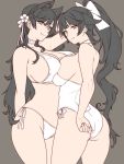  2girls adjusting_clothes adjusting_swimsuit angelo_(gomahangetsu) animal_ears arm_up atago_(azur_lane) azur_lane bangs bikini black_hair blunt_bangs bow breast_press breasts bright_pupils brown_eyes choker closed_mouth contrapposto cowboy_shot eyebrows_visible_through_hair flower from_side hair_between_eyes hair_bow hair_flower hair_ornament highres huge_breasts long_hair looking_at_viewer mole mole_under_eye multiple_girls one-piece_swimsuit ponytail side-tie_bikini sideboob simple_background smile strap_gap swimsuit symmetrical_docking takao_(azur_lane) unfinished very_long_hair white_bikini white_swimsuit work_in_progress 