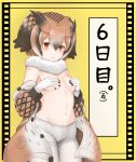  1girl bare_shoulders blush breasts brown_coat brown_eyes brown_hair buttons coat covering covering_breasts cowboy_shot eurasian_eagle_owl_(kemono_friends) eyebrows_visible_through_hair fur_collar gloves hair_between_eyes head_wings highres kemono_friends long_sleeves looking_at_viewer medium_breasts multicolored_hair navel pantyhose pocket short_hair solo temari_suzu unbuttoned white_gloves white_hair white_legwear yellow_background 