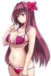  1girl bikini breasts cowboy_shot fate/grand_order fate_(series) flower hair_flower hair_ornament hair_twirling hibiscus large_breasts long_hair looking_away michihasu navel purple_bikini purple_hair red_eyes scathach_(fate/grand_order) scathach_(swimsuit_assassin)_(fate) simple_background solo swimsuit white_background 