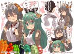  1boy 2girls ^_^ ^o^ admiral_(kantai_collection) alternate_costume aqua_eyes bell_pepper black_hair black_ribbon blush broccoli cabbage carrot closed_eyes commentary_request eggplant food green_hair grey_eyes hair_between_eyes hair_ribbon hairband haruna_(kantai_collection) headgear heart highres kantai_collection long_hair long_sleeves military military_uniform multiple_girls mushroom musical_note naval_uniform open_mouth pepper pout quaver ribbon short_hair smile sparkle speech_bubble suzuki_toto tomato translation_request uniform yamakaze_(kantai_collection) 