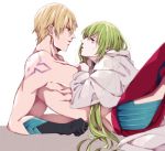 2boys black_gloves blonde_hair con_potata earrings enkidu_(fate/strange_fake) eye_contact fate/grand_order fate_(series) gilgamesh gilgamesh_(caster)_(fate) gloves green_hair hip_vent jewelry looking_at_another lying lying_on_person male_focus multiple_boys on_back red_eyes shirtless sweat tattoo yaoi yellow_eyes 