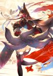  1girl akagi_(azur_lane) animal_ears azur_lane black_gloves black_hair breasts fox_ears fox_tail from_behind gloves large_breasts long_hair looking_at_viewer multiple_tails partly_fingerless_gloves red_eyes sidelocks smile solo tail thigh-highs tomoyohi 