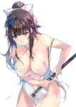  1girl azur_lane bangs bare_shoulders black_hair bow breasts brown_eyes choker cleavage collarbone commentary_request hair_bow hair_ornament halterneck hips katana large_breasts leaning_forward long_hair min-naraken navel_cutout ponytail signature simple_background solo swimsuit sword takao_(azur_lane) weapon white_background white_bow white_swimsuit 