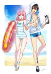  1boy 1girl :o anklet bangs bare_arms bare_legs bare_shoulders beach black_footwear blue_sky blue_swimsuit blunt_bangs border breasts brown_eyes brown_hair cable casual_one-piece_swimsuit closers collarbone covered_navel day earphones full_body hair_between_eyes hairband hand_on_another&#039;s_arm handheld_game_console holding hood hood_up hoodie horizon innertube jewelry kws legs_apart long_sleeves male_swimwear no_socks ocean one-piece_swimsuit open_clothes open_hoodie open_mouth outdoors partially_unzipped sandals seulbi_lee shoes short_hair signature sky small_breasts sneakers standing striped striped_hoodie striped_swimsuit sweatdrop swim_trunks swimsuit swimsuit_under_clothes swimwear two-tone_hairband zipper 