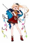  1girl adapted_costume ascot bare_arms bare_legs blonde_hair blue_nails boots cape contrapposto dress flandre_scarlet full_body gotoh510 hair_between_eyes hand_up head_tilt high_heels highres holding long_hair looking_at_viewer nail_polish open_mouth pointy_ears rapier red_dress red_eyes red_footwear short_dress simple_background smile solo standing sword teeth touhou weapon white_background wings 
