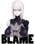  1girl bangs blame! blue_eyes blunt_bangs breasts cibo copyright_name cyborg highres huge_breasts long_hair looking_at_viewer pale_skin robot_joints shoujo_donburi silver_hair simple_background smile white_background 