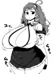  1girl bangs blush breast_expansion breasts cleavage cowboy_shot detached_sleeves expressionless fat frog_hair_ornament hair_ornament hair_scrunchie hairband highres huge_breasts ichigo_kotou kochiya_sanae laughing long_hair looking_at_viewer messy_hair miniskirt monochrome plump scrunchie shiny shiny_hair shirt short_eyebrows skirt sleeveless sleeveless_shirt snake_hair_ornament solo standing thick_thighs thighs touhou wide_hips 