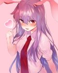  1girl :d animal_ears arm_at_side asuzemu bangs blush breasts collared_shirt eyebrows_visible_through_hair hair_between_eyes heart highres long_hair looking_at_viewer medium_breasts necktie open_mouth pink_background purple_hair rabbit_ears red_eyes red_neckwear reisen_udongein_inaba shiny shiny_hair shirt short_sleeves simple_background smile solo touhou upper_body very_long_hair wing_collar 