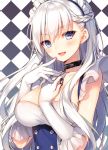  1girl azur_lane bangs belfast_(azur_lane) blue_eyes blush braid breasts chains checkered checkered_background collar collarbone commentary dress elbow_gloves eyebrows_visible_through_hair french_braid gloves headdress highres long_hair looking_at_viewer medium_breasts open_mouth silver_hair simple_background sleeveless sleeveless_dress smile solo toosaka_asagi upper_body white_gloves 