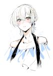  1boy absurdres bangs bare_shoulders blue_dress blush check_commentary commentary commentary_request dress earrings eyebrows_visible_through_hair grey_hair hair_between_eyes highres jewelry looking_at_viewer male_focus ohisashiburi pale_color parted_lips short_hair solo translation_request trap white_background yellow_eyes 