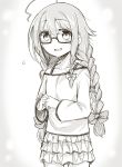  1girl bangs blush bow braid breasts character_request eyebrows_visible_through_hair gagaga glasses hair_bow layered_skirt long_hair long_sleeves looking_at_viewer monochrome open_mouth shirt simple_background small_breasts smile solo white_background 