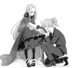  2girls black_gloves black_legwear blush capelet chacha_(fate/grand_order) con_potata dress fate/grand_order fate_(series) formal fujimaru_ritsuka_(female) gloves greyscale hair_ornament hair_scrunchie hand_kiss kiss monochrome multiple_girls necktie one_knee pantyhose ponytail scrunchie suit yuri 