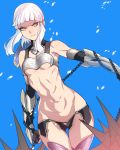  1girl armor ban bare_shoulders berserker_of_el_dorado blue_background breastplate breasts chains closed_mouth commentary_request dutch_angle elbow_gloves fate/grand_order fate_(series) fingerless_gloves gauntlets gloves gluteal_fold highres looking_at_viewer navel penthesilea_(fate/grand_order) revealing_clothes short_hair short_hair_with_long_locks silver_hair small_breasts solo thigh-highs thigh_gap under_boob yellow_eyes 