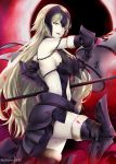  1girl armpits bare_shoulders black_gloves black_legwear blonde_hair breasts chains cowboy_shot elbow_gloves fate/grand_order fate_(series) gauntlets gloves greaves headpiece highres jeanne_alter long_hair looking_at_viewer medium_breasts navel pale_skin parted_lips rei_kun revealing_clothes ruler_(fate/apocrypha) sideboob smile solo thigh-highs very_long_hair yellow_eyes 