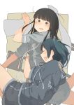  2girls ^_^ ^o^ black_eyes black_hair black_shorts blue_hair blush closed_eyes eyebrows_visible_through_hair fuu_fuu grey_shorts hatsuyuki_(kantai_collection) highres hime_cut kantai_collection long_hair multiple_girls open_mouth pillow short_hair short_sleeves shorts smile souryuu_(kantai_collection) twintails 