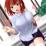  1girl breasts dutch_angle green_eyes kozue_akari large_breasts open_mouth original redhead solo thigh-highs 