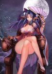  1girl ;) bangs bare_shoulders black_hair blunt_bangs breasts chinese_clothes cleavage detached_sleeves earrings elf etidekailo fan folding_fan full_moon hair_rings high_heels jewelry large_breasts legs_crossed long_hair looking_at_viewer moon one_eye_closed original pointy_ears sitting smile solo thighs throne wide_sleeves yellow_eyes 