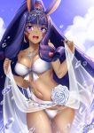  :d animal_ears bandeau bikini blue_skirt breasts clouds cloudy_sky cowboy_shot dark_skin day earrings eyebrows_visible_through_hair fate/grand_order fate_(series) flower gluteal_fold hair_tubes highres hoop_earrings jewelry long_hair looking_at_viewer medium_breasts navel necklace nitocris_(fate/grand_order) nitocris_(swimsuit_assassin)_(fate) okitakung open_mouth outdoors ponytail purple_hair sarong sidelocks skirt sky smile swimsuit thigh_gap tiara tsurime very_long_hair violet_eyes water_drop white_bikini wristband 