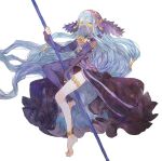  1girl aqua_(fire_emblem_if) barefoot blue_hair fire_emblem fire_emblem_if holding long_hair looking_at_viewer shourou_kanna simple_background solo staff thigh-highs veil wavy_hair white_background 