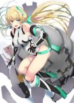  1girl :d angela_balzac black_gloves blonde_hair breasts covered_navel elbow_gloves gloves green_eyes hareno_chiame headgear high_heels highleg highleg_leotard impossible_clothes impossible_leotard kneehighs large_breasts leotard long_hair low_twintails mecha open_mouth rakuen_tsuihou smile solo thigh_strap tsurime twintails very_long_hair 