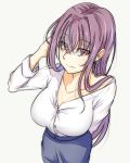  1girl absurdres alternate_costume breasts casual earrings fate/grand_order fate_(series) highres jewelry large_breasts long_hair looking_at_viewer purple_hair scathach_(fate/grand_order) simple_background skirt smile solo tetsu_(excalibur920) violet_eyes white_background 