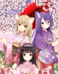  3girls :d :o ahoge animal_ears bangs blunt_bangs blush brown_eyes cherry_blossoms commentary_request eyebrows_visible_through_hair fang floral_print fox_ears hair_between_eyes hair_ribbon highres holding holding_umbrella japanese_clothes kimono konohana_kitan light_brown_hair long_hair long_sleeves looking_at_viewer multiple_girls obi open_mouth oriental_umbrella outstretched_arms parted_lips petals pink_kimono print_kimono purple_hair purple_kimono red_kimono red_ribbon red_umbrella ribbon ryoutan sakura_(konohana_kitan) sash satsuki_(konohana_kitan) smile spread_arms umbrella very_long_hair wide_sleeves yuzu_(konohana_kitan) 