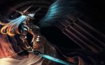  androgynous armor from_side gauntlets glowing helmet long_hair original shiny sin_gun_woo single_wing solo sword weapon white_hair wings 