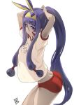  animal_ears arms_up ass bangs blunt_bangs breasts buruma contrapposto cowboy_shot dark_skin eyebrows_visible_through_hair fate/grand_order fate_(series) gym_uniform hair_tubes hairband leaning_forward looking_at_viewer medium_breasts mouth_hold nitocris_(fate/grand_order) ponytail purple_hair see-through_silhouette sidelocks simple_background tooya_daisuke tying_hair violet_eyes white_background 