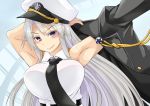  1girl adjusting_clothes arm_behind_head armpits arms_up azur_lane belt black_neckwear breasts buttons closed_mouth coat collared_shirt commentary_request enterprise_(azur_lane) eyebrows_visible_through_hair hair_between_eyes hat imagawa_akira large_breasts looking_at_viewer military military_hat peaked_cap shirt silver_hair sleeveless sleeveless_shirt smile solo star upper_body violet_eyes white_hair 