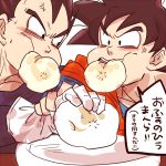  2boys annoyed black_eyes black_hair dougi dragon_ball dragonball_z dumpling eating fighting food frown gloves looking_at_another looking_away male_focus miiko_(drops7) multiple_boys plate son_gokuu speech_bubble sweatdrop translation_request vegeta white_background 
