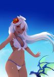  1girl :d bikini breasts clouds commentary_request cowboy_shot dark_skin day dragon floating_hair flower granblue_fantasy groin hair_between_eyes hair_flower hair_ornament halterneck head_tilt hibiscus long_hair medium_breasts navel open_mouth outdoors outstretched_arms red_eyes shito_zhizhen sky smile standing strap_gap swimsuit the_order_grande very_long_hair white_bikini white_hair 