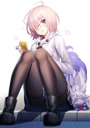  1girl bangs black_footwear black_legwear blush cellphone duffel_coat eyebrows_visible_through_hair fate/grand_order fate_(series) fou_(fate/grand_order) hair_over_one_eye highres knees_together_feet_apart knees_up looking_at_viewer panties panties_under_pantyhose pantyhose parted_lips petals phone pink_hair ririko_(zhuoyandesailaer) saint_quartz shielder_(fate/grand_order) short_hair sidewalk simple_background sitting smartphone solo thighband_pantyhose thighs underwear violet_eyes white_background white_coat 