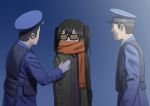  1girl 2boys arrest brown_hair jacket kantai_collection misumi_(niku-kyu) multiple_boys police police_uniform policeman scarf sendai_(kantai_collection) sunglasses twintails uniform 