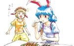  /\/\/\ 2girls animal_ears blonde_hair blue_hair dango eating food hat long_hair meimaru_inuchiyo multiple_girls open_mouth rabbit_ears red_eyes ringo_(touhou) seiran_(touhou) short_hair skewer surprised touhou translated twintails wagashi 