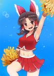  1girl alternate_costume arm_up armpits benikurage blush bow breasts brown_eyes brown_hair cheerleader cookie_(touhou) dripping eyebrows_visible_through_hair flying_sweatdrops hair_bow hair_tubes hakurei_reimu looking_at_viewer medium_breasts midriff navel open_mouth pai_kebon_baa pom_poms red_bow red_skirt short_hair skirt smile solo sweat sweating sweating_profusely teeth touhou wet 