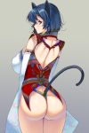 1girl animal_ears ass back_cutout bare_shoulders black_panties blue_eyes blue_hair blush breasts cat_ears cat_tail closed_mouth cowboy_shot highres large_breasts looking_at_viewer masao original panties short_hair sleeves_past_wrists solo tail thong underwear 
