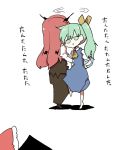  2girls :d ascot bat_wings blue_dress bow chibi commentary_request daiyousei dancing dress dress_shirt fairy_wings full_body green_eyes green_hair hair_between_eyes hair_bow hakurei_reimu hands_on_hips head_wings juliet_sleeves koakuma leg_up locked_arms long_hair long_sleeves mini_wings mizuga multiple_girls open_mouth puffy_short_sleeves puffy_sleeves redhead shirt short_hair short_sleeves side_ponytail simple_background skirt skirt_set smile solid_circle_eyes standing standing_on_one_leg touhou translation_request very_long_hair vest white_background white_shirt wings 